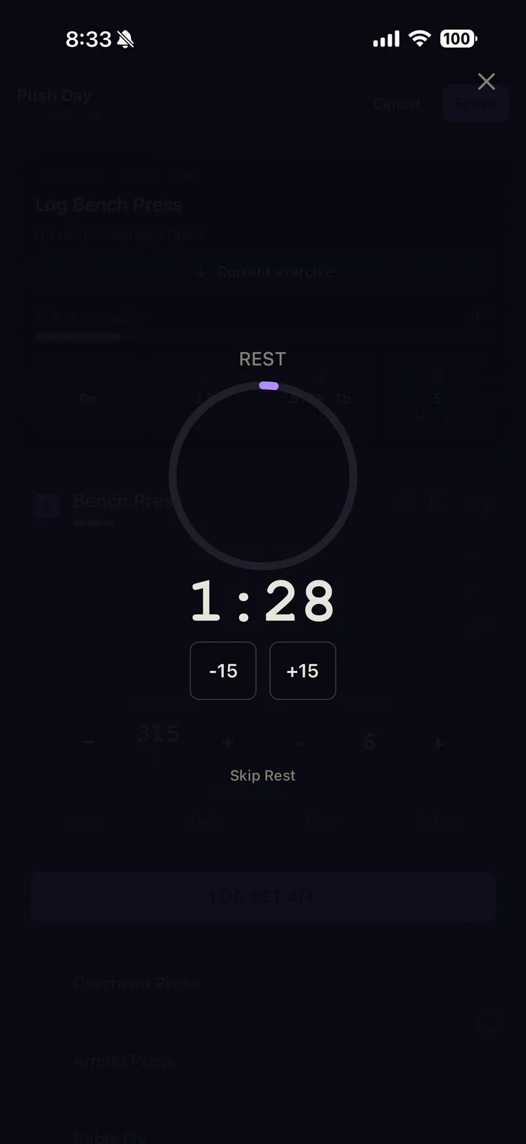 Rest timer counting down between sets in the OpenTrainer iPhone app